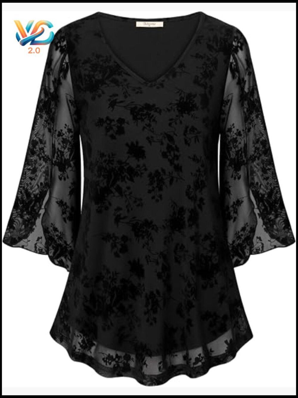 Ruffle 3/4 Sleeve V-Neck Double Layer Mesh Tunic Blouse Flowy Loose Fit